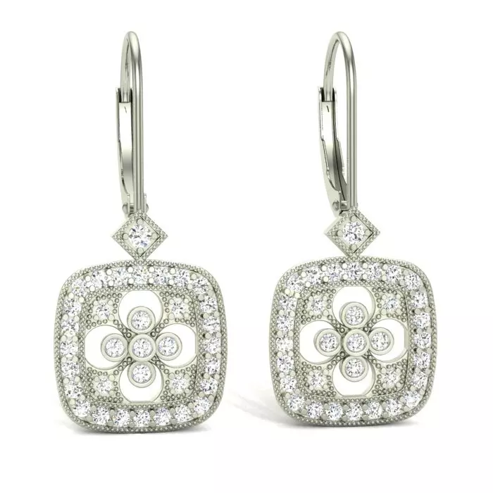 14K WHITE GOLD CUSHION SHAPED FLOWER DESIGN DIAMOND DROP EARRINGS